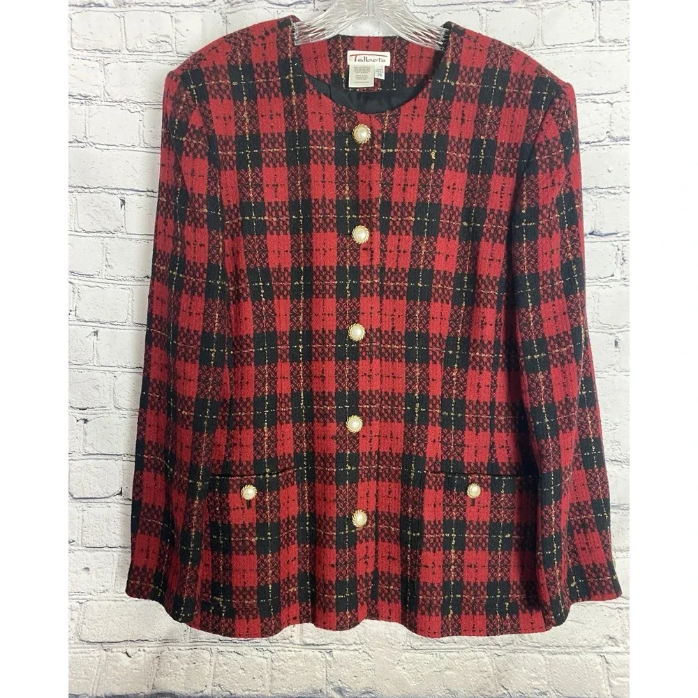 Talbots Petite Vintage Wool Red Black Plaid Blazer Pearl Buttons 14 Clueless